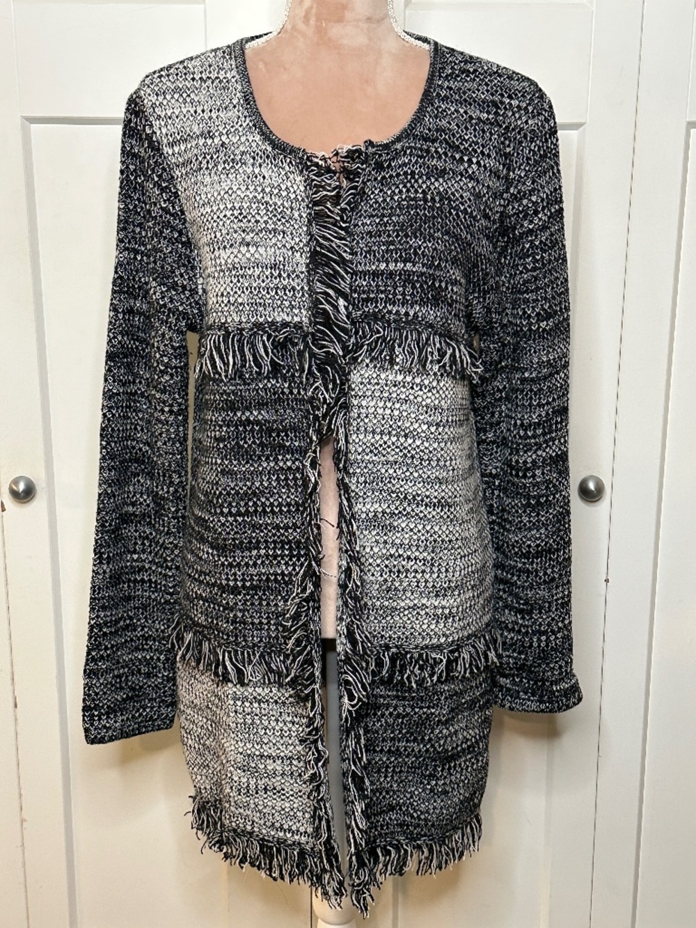 Bobeau Patchwork Fringe Textured Knit Cardigan, Blue and White, Sz L